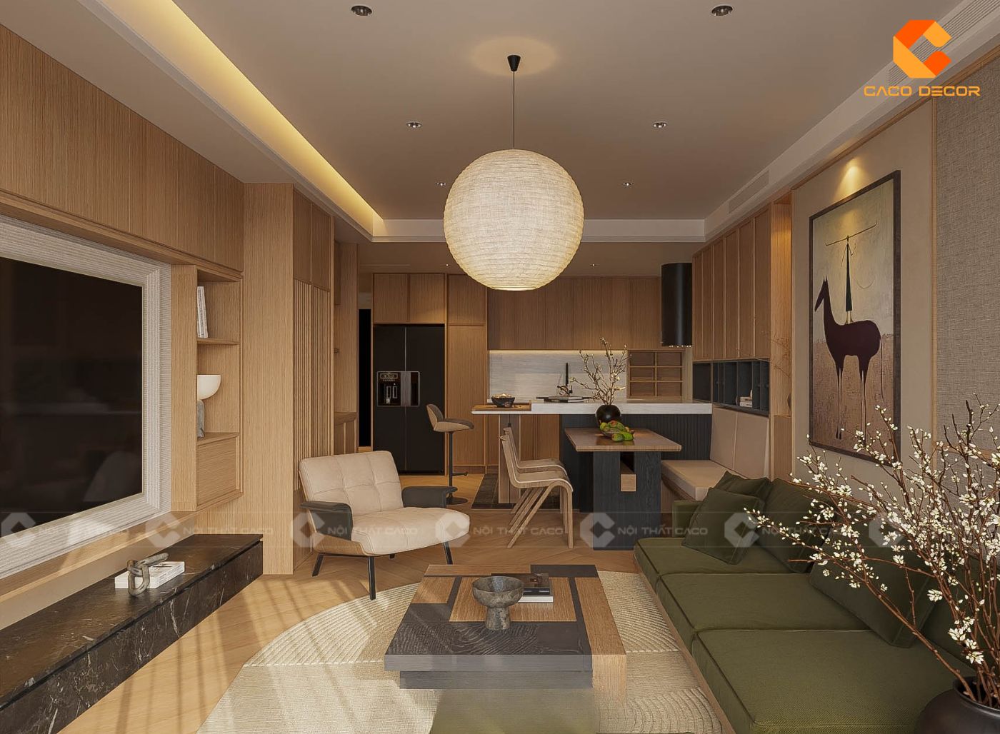 Thiết kế nội thất căn hộ với phòng khách liền kề bếp