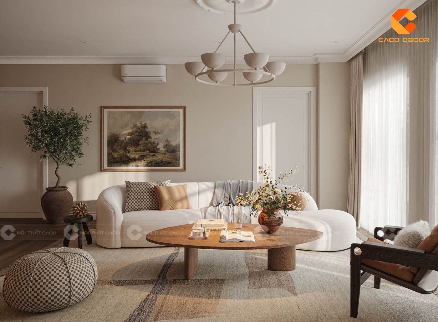 Thiết kế không gian phòng khách căn hộ với bộ sofa màu kem