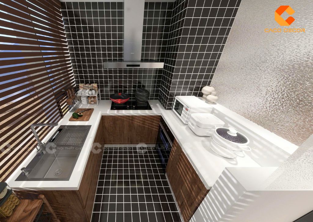 Tủ bếp chữ U trang bị đủ các phụ kiện bếp