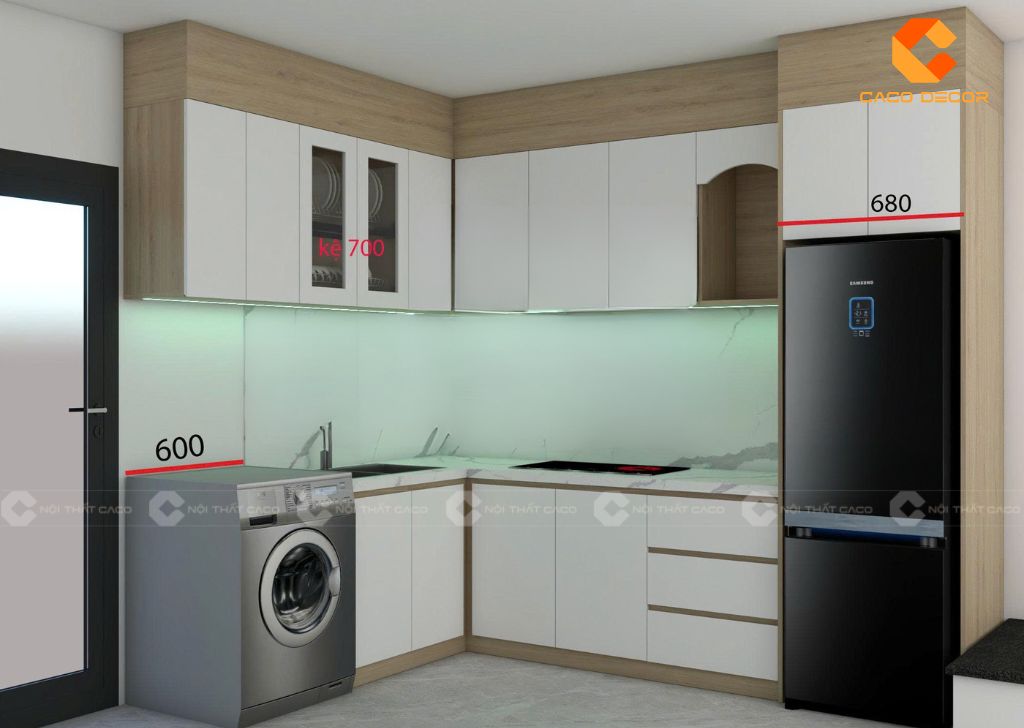 Mẫu thiết kế 3D tủ bếp MDF chữ L có bàn thờ ông Táo