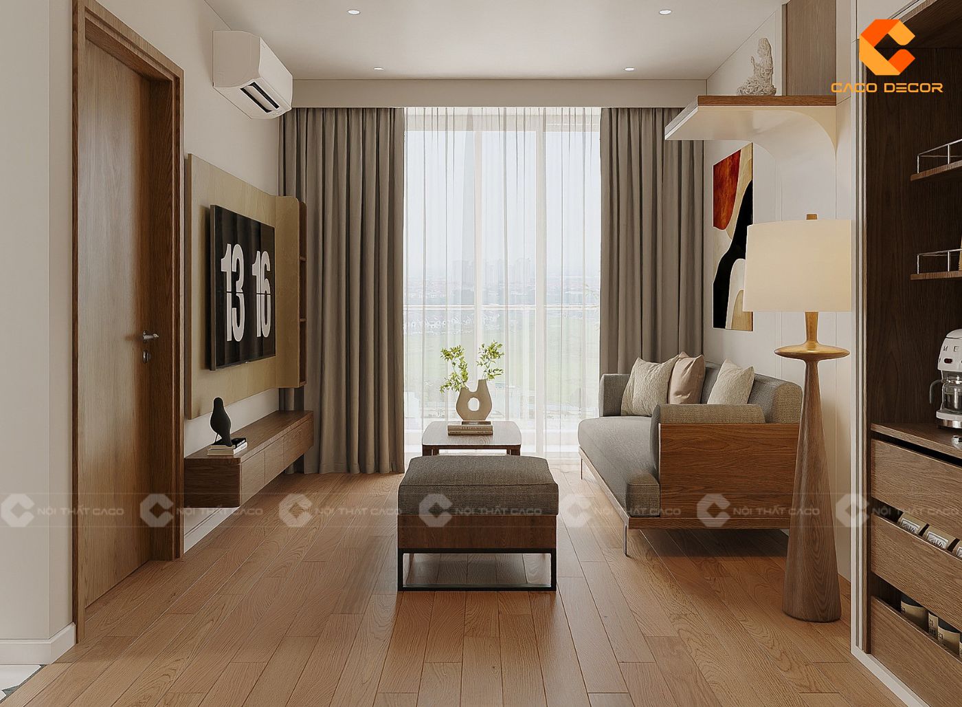 Thiết kế phòng khách căn hộ với màu gỗ ấm cúng