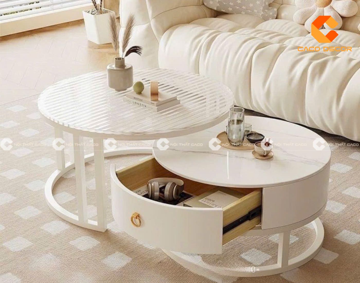 Bàn trà đôi hình tròn màu trắng 