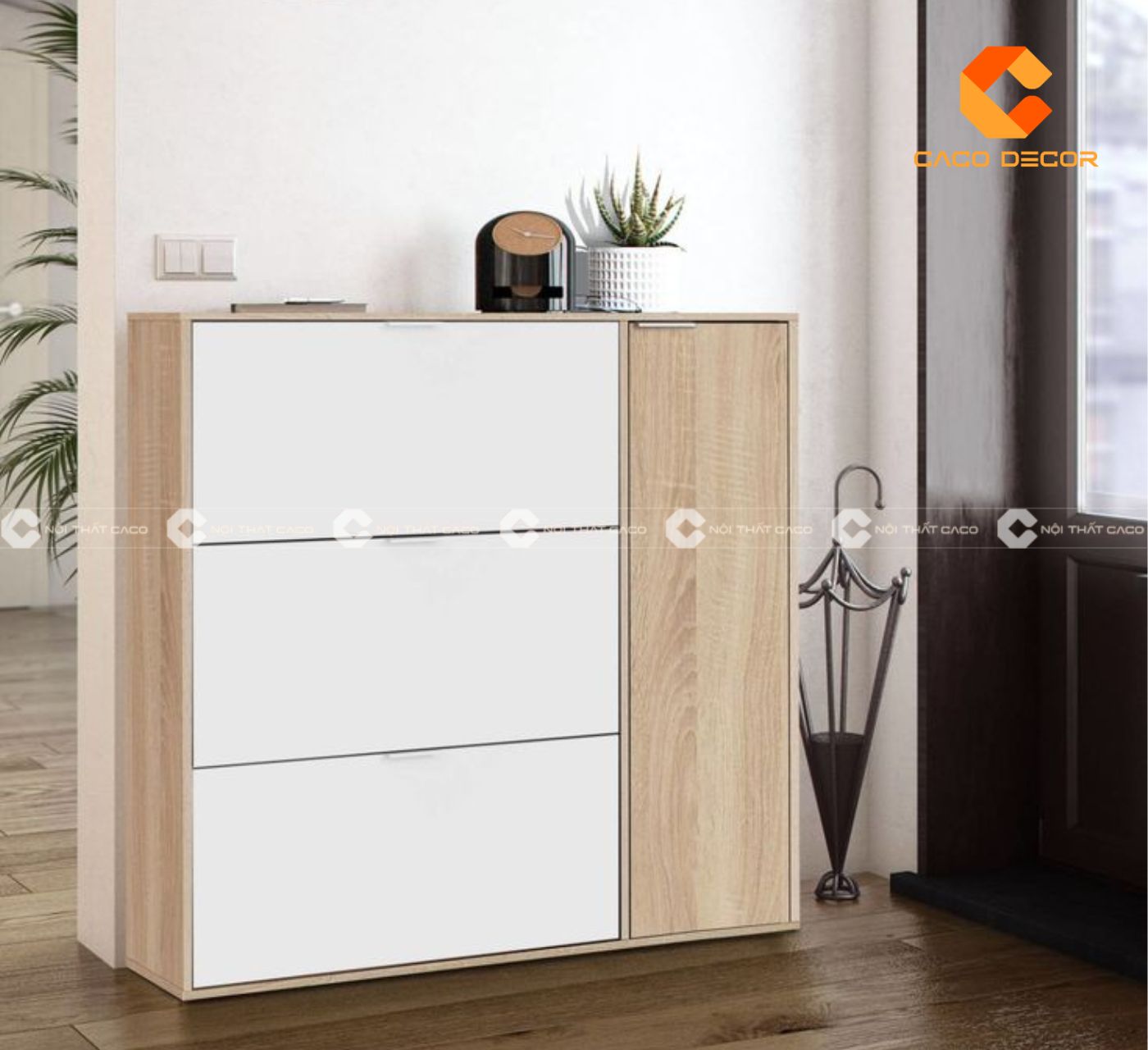 Tủ giày gỗ công nghiệp thiết kế 2 màu vàng trắng hiện đại