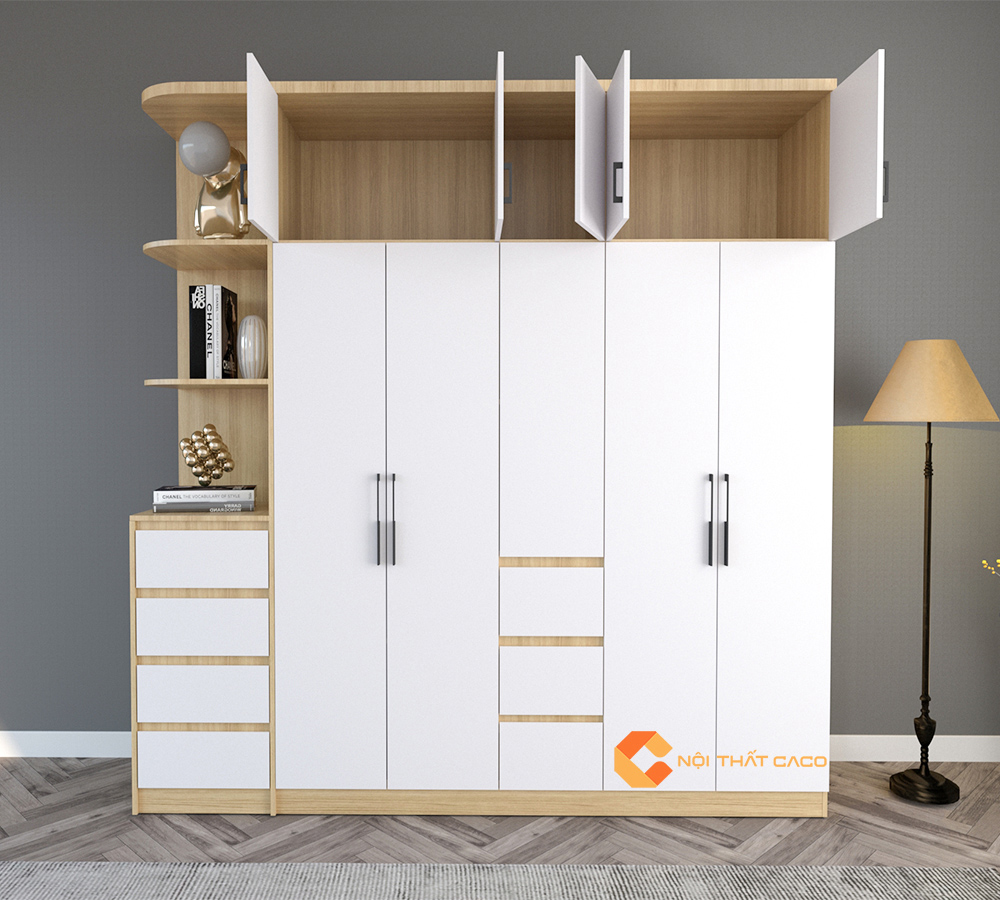 Tủ Quần Áo Gỗ Công Nghiệp MDF 4 Cánh Kịch Trần Tone Vàng 4