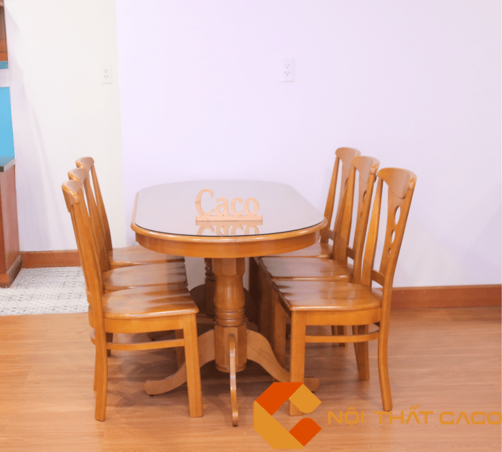 Bộ Bàn Ăn Oval Chân Trụ 1m6 6 Ghế 3 Lỗ Gỗ Sồi 1