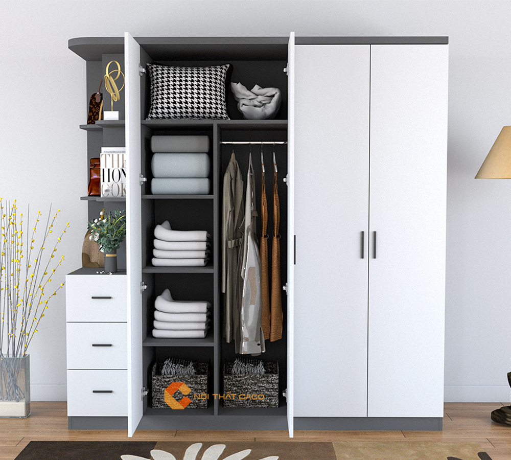 Tủ Quần Áo Gỗ Công Nghiệp MDF 4 Cánh Tích Hợp Kệ Trang Trí 3