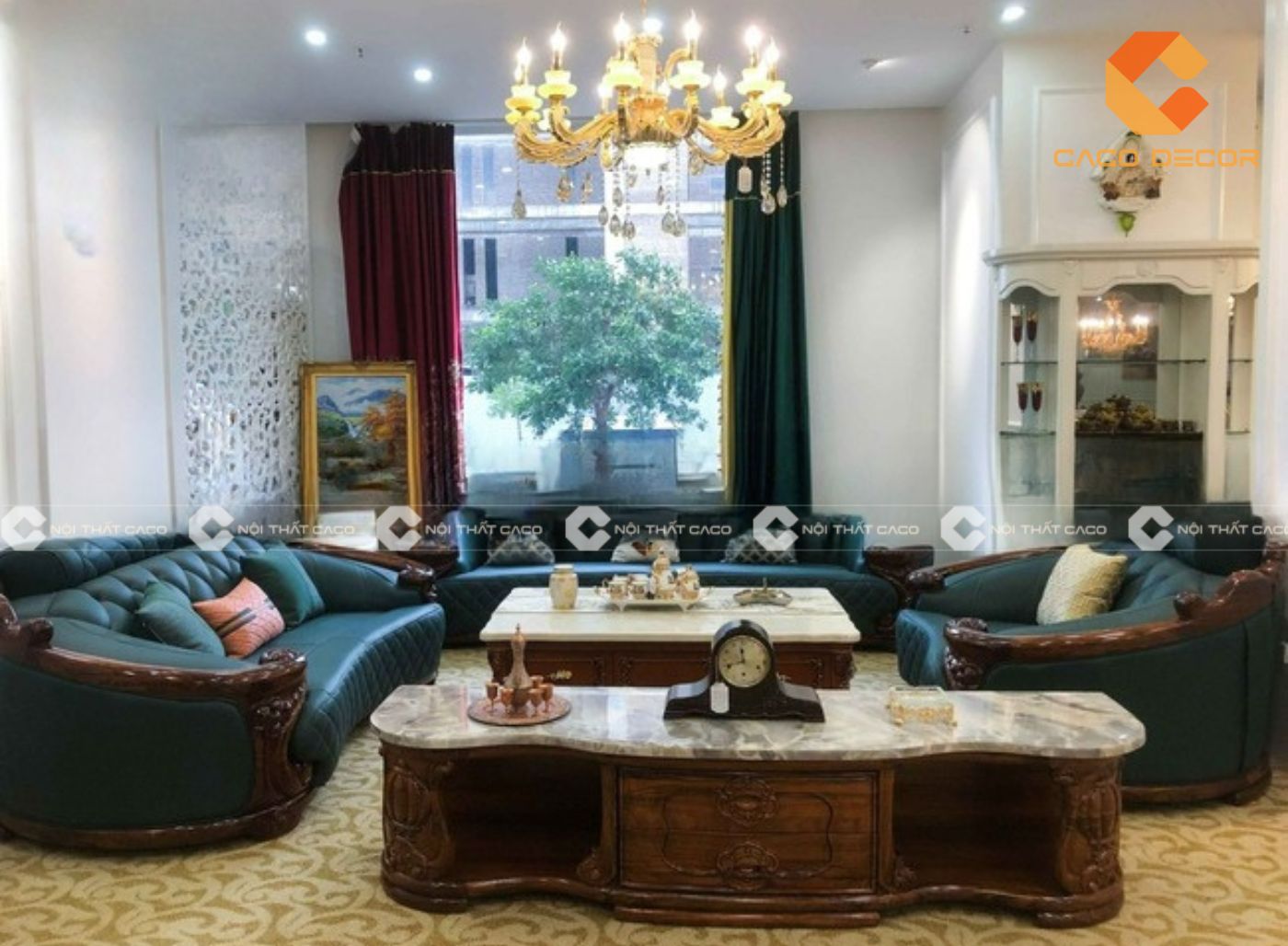 Mẫu sofa gỗ mun phong cách cổ điển màu xanh dương ấn tượng