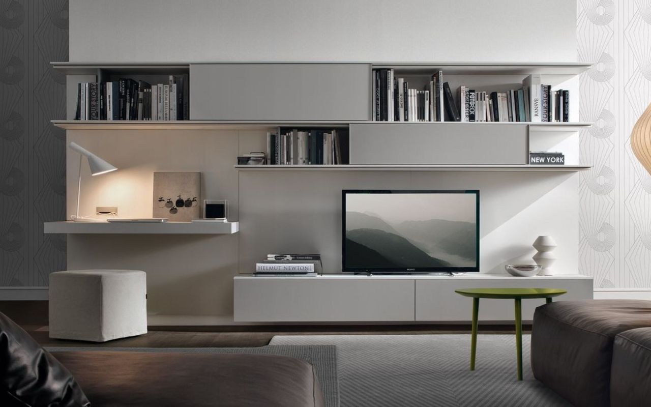 Kệ sách kết hợp với tủ tivi gam màu pastel nhẹ nhàng