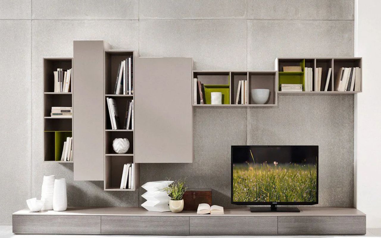 Kệ sách kết hợp cùng kệ tủ tivi gam màu xám nhã nhặn