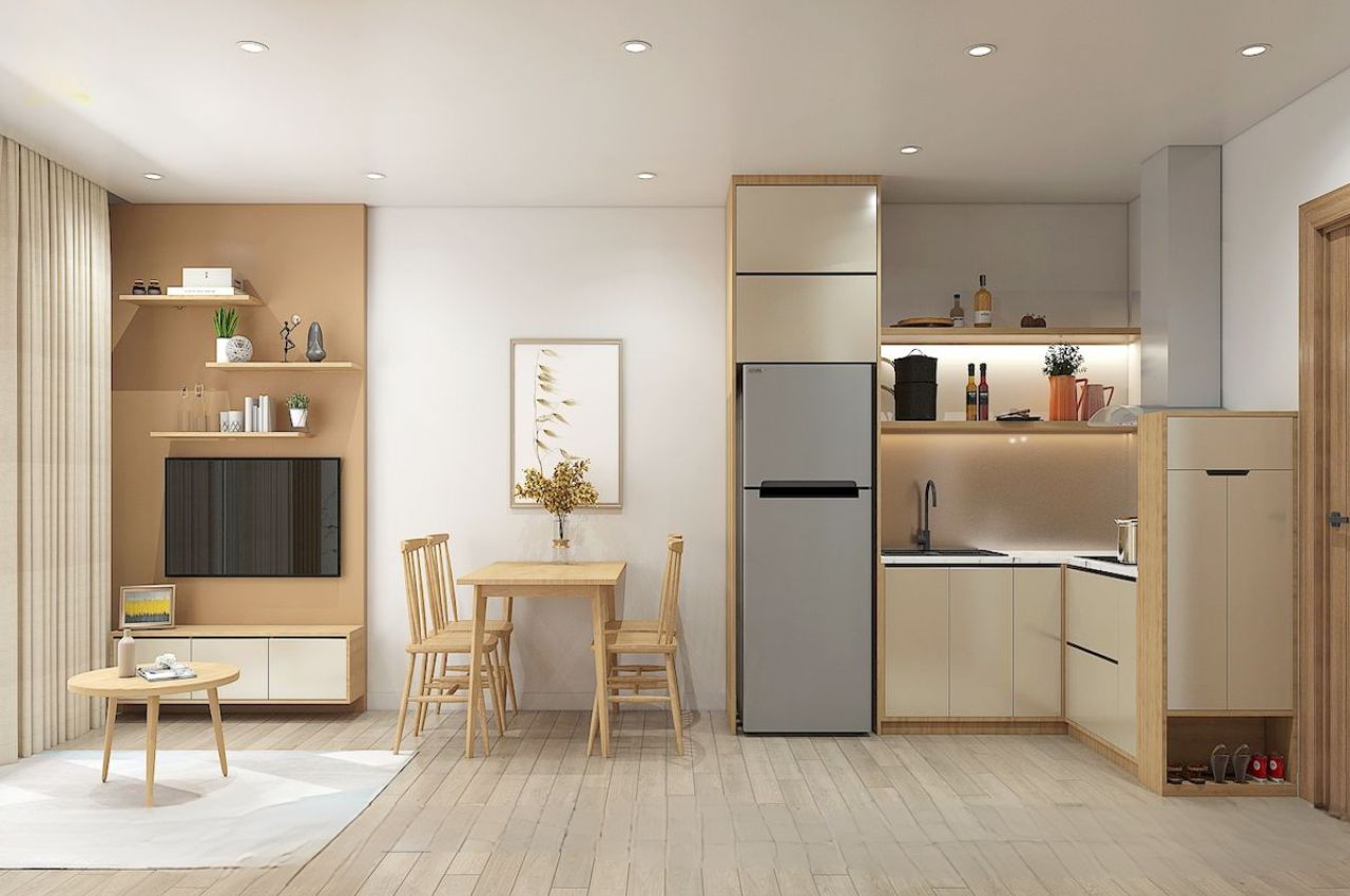 Thiết kế căn hộ 45m2 2 phòng ngủ có bếp liền phòng khách