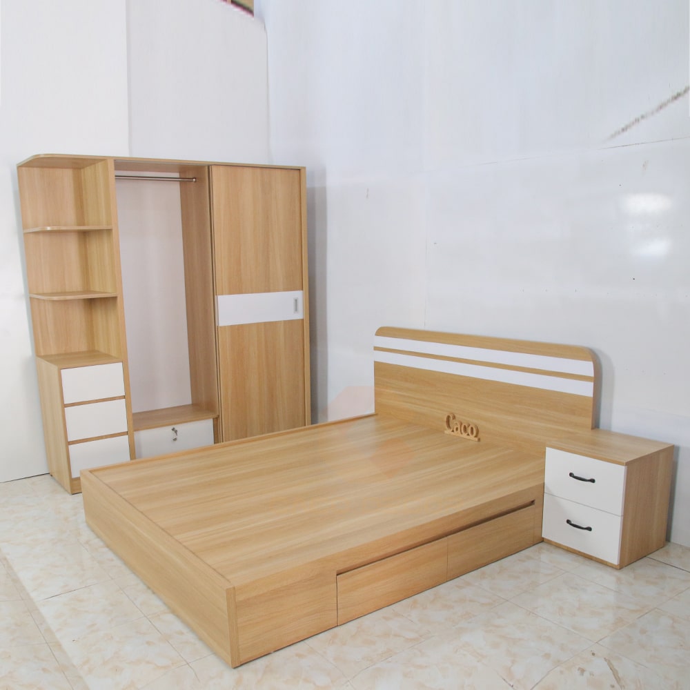 BỘ COMBO PHÒNG NGỦ GỒM BA MÓN TỦ CỬA LÙA MÀU VÀNG PHỐI TRẮNG 5