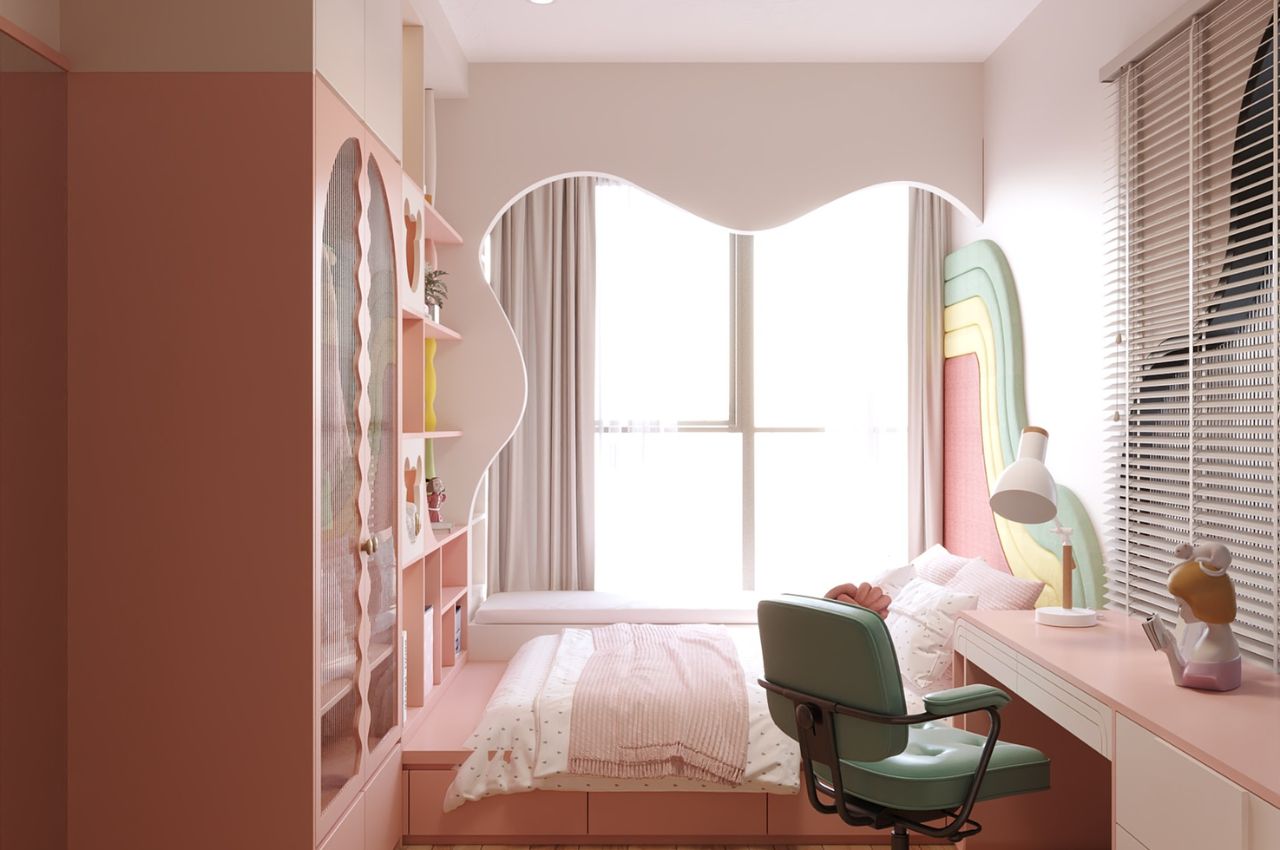 Mẫu thiết kế căn hộ 80m2 có phòng ngủ cho bé gái