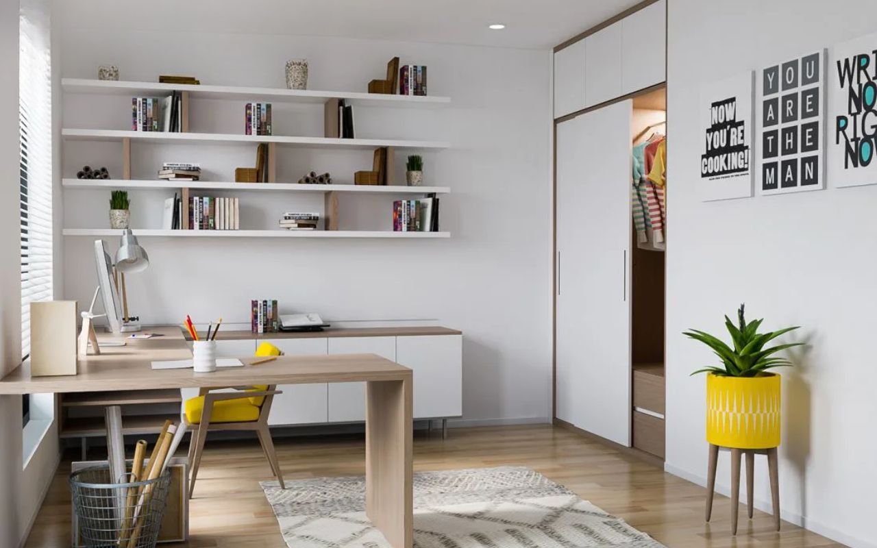 Kệ sách treo tường gam màu trăng be thanh lịch