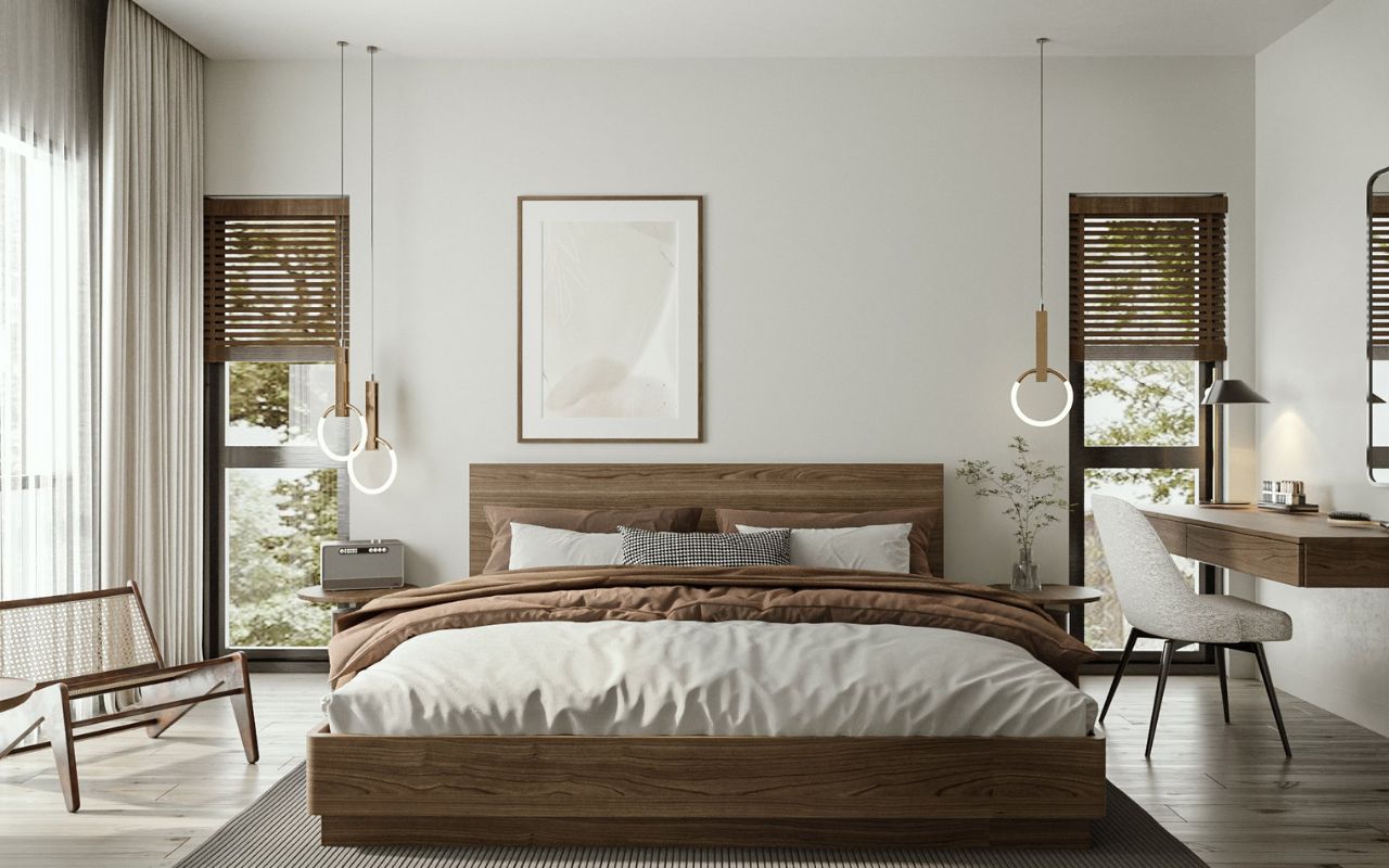 Mẫu phòng ngủ có ban công gỗ công nghiệp