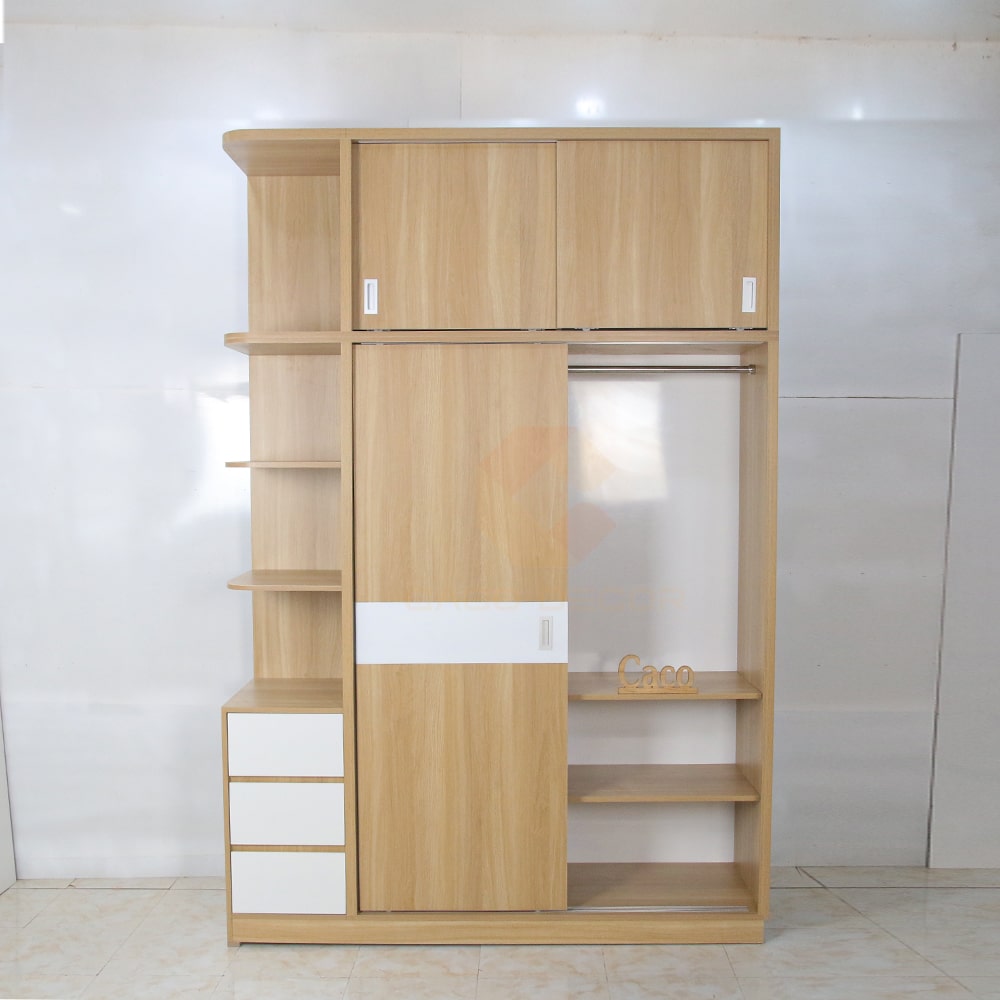 TỦ ÁO LÙA KỊCH TRẦN GỖ MDF MELAMINE MÀU VÀNG VÂN GỖ PHỐI TRẮNG CAO CẤP TẠI CACO DECOR 4