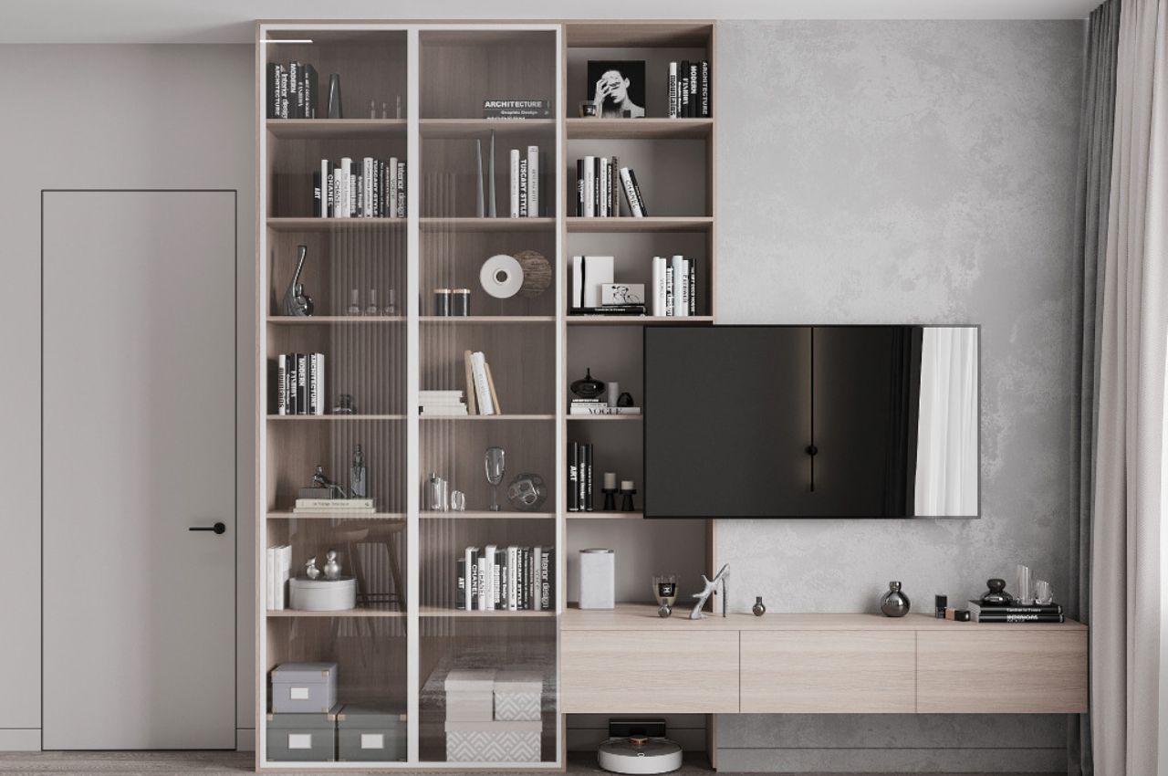 Tủ sách kết hợp cùng kệ tivi phòng khách