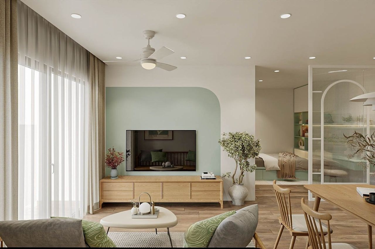 Mẫu thiết kế căn hộ 50m2 2 phòng ngủ theo tone màu pastel