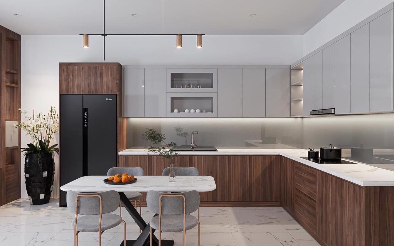 Tủ bếp màu nâu vân gỗ đậm sang trọng, bắt mắt