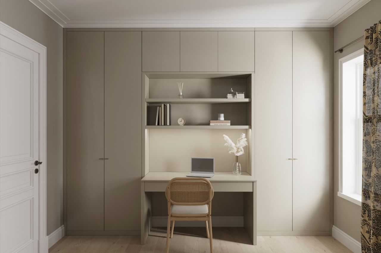 Tủ áo 5 cánh âm tường kết hợp bàn làm việc đa năng