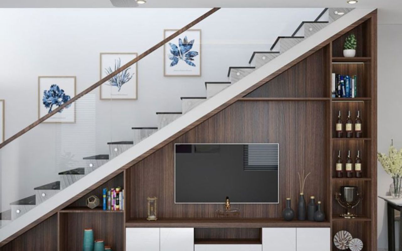 Thiết kế tủ gầm cầu thang phòng khách giúp tận dụng tối đa diện tích lưu trữ 5