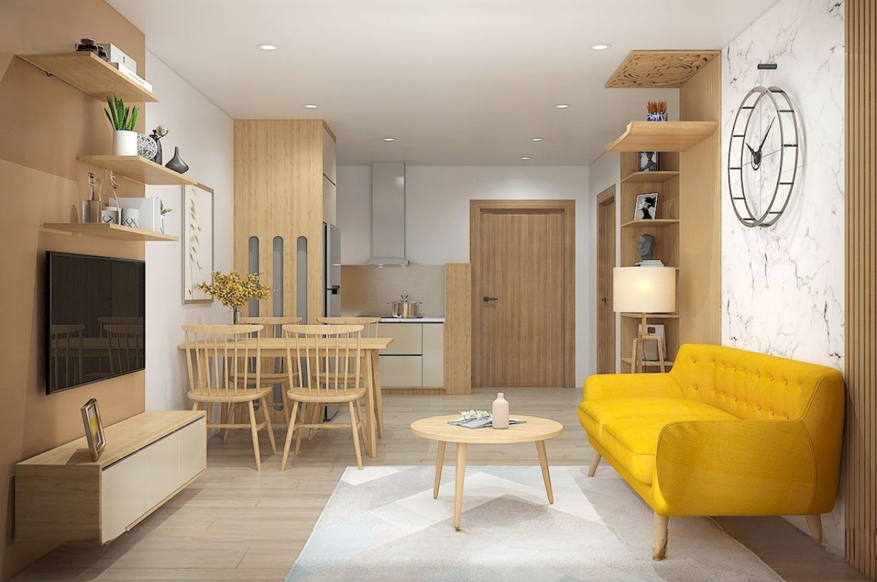 Thiết kế chung cư 65m2 2 phòng ngủ sử dụng nội thất gỗ hiện đại