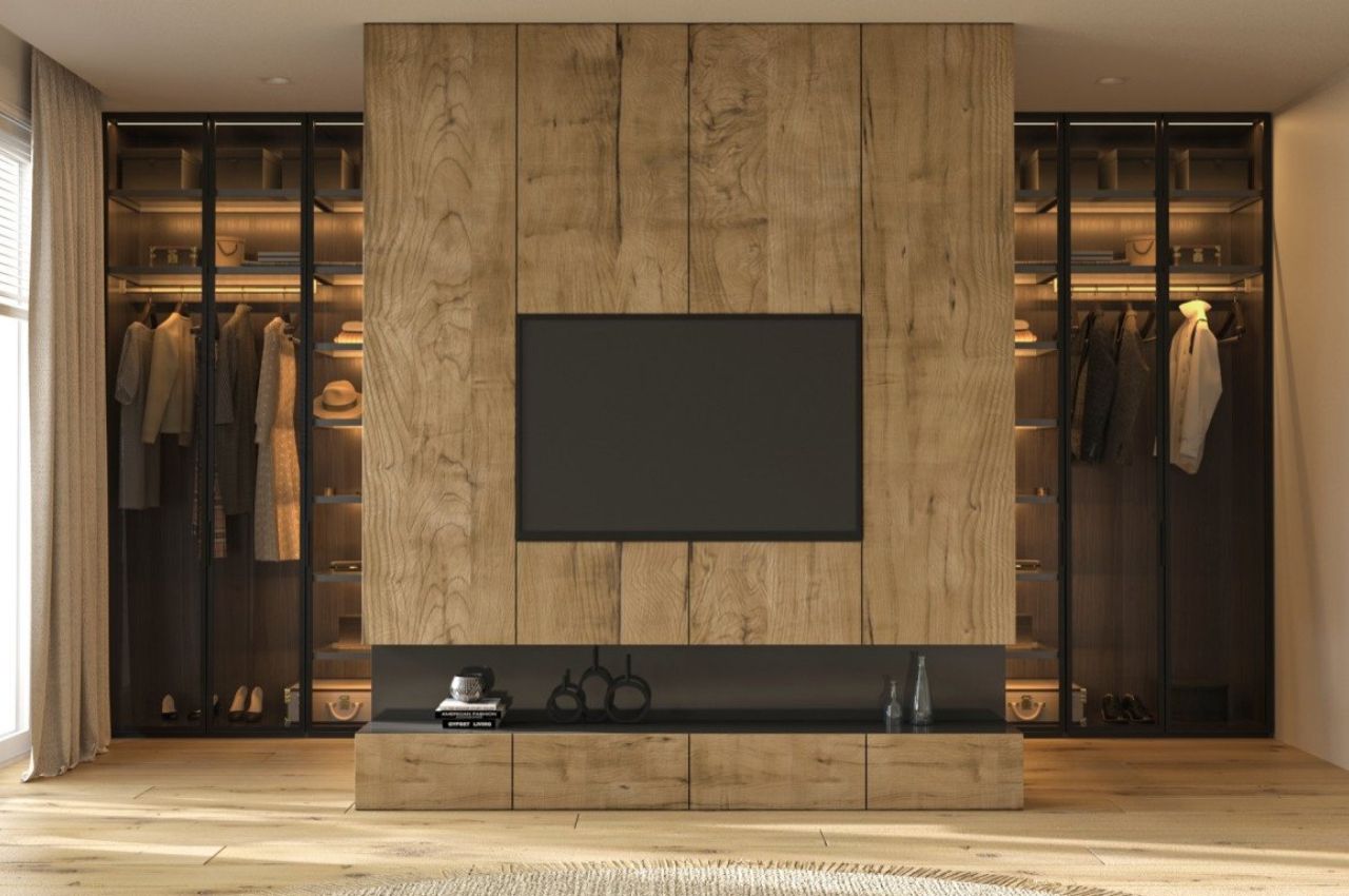 Tủ quần áo 5 cánh kết hợp kệ vách tivi hiện đại, sang trọng