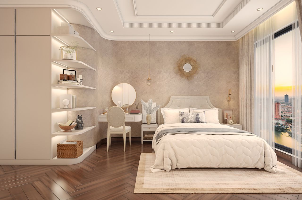 Thiết kế nội thất 2 phòng ngủ phong cách Tân cổ điển gam màu trắng nhẹ nhàng, tinh tế