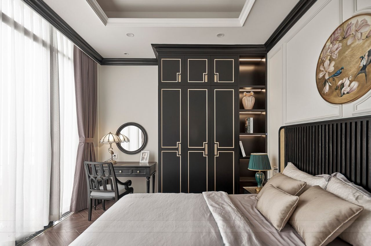 Thiết kế giường đôi có tủ quần áo trong phòng ngủ