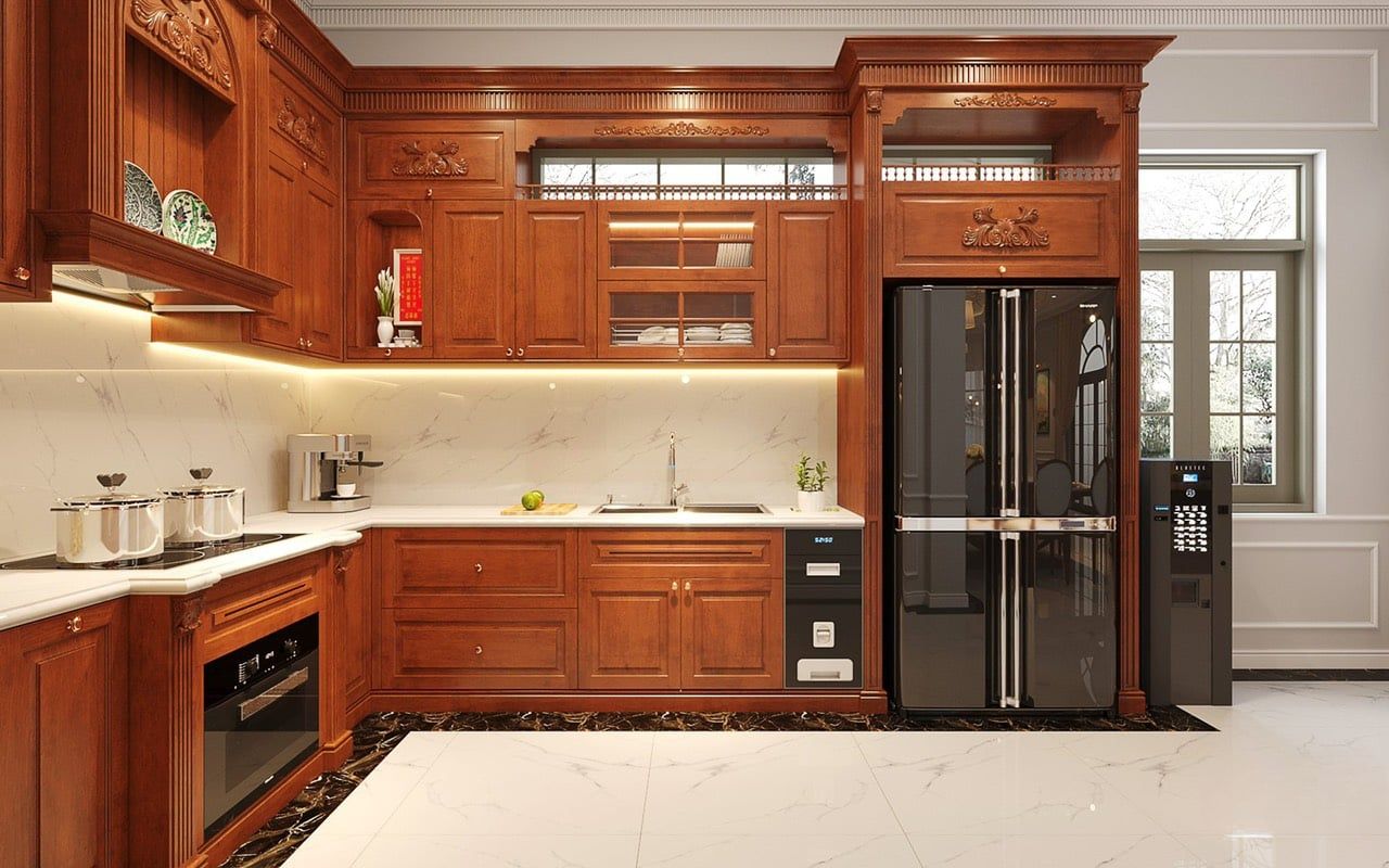 Thiết kế tủ bếp đứng từ gỗ sồi cho không gian nhà phố siêu tiện nghi