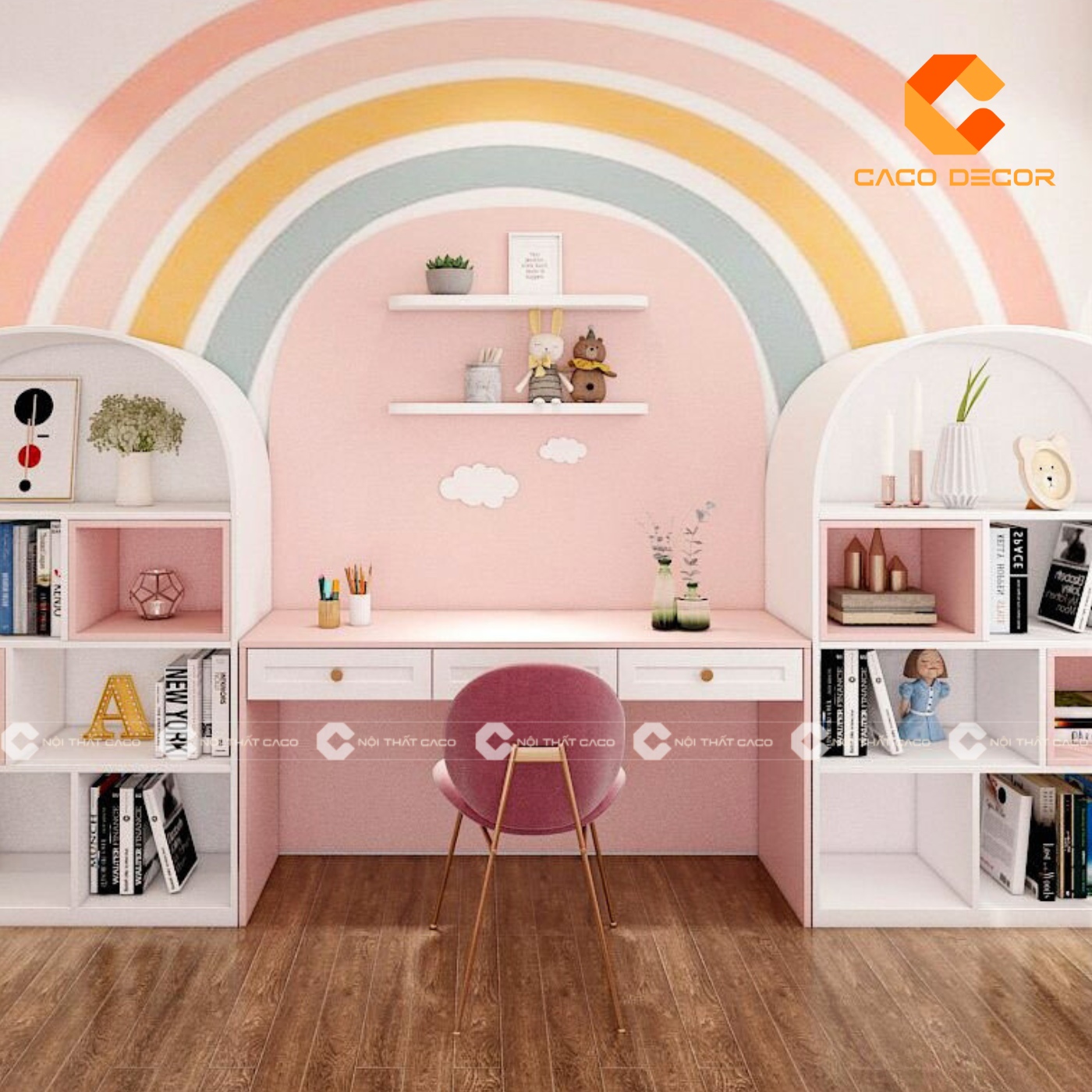 Mẫu bàn học màu trắng hồng được phối màu phù hợp với màu tường của phòng