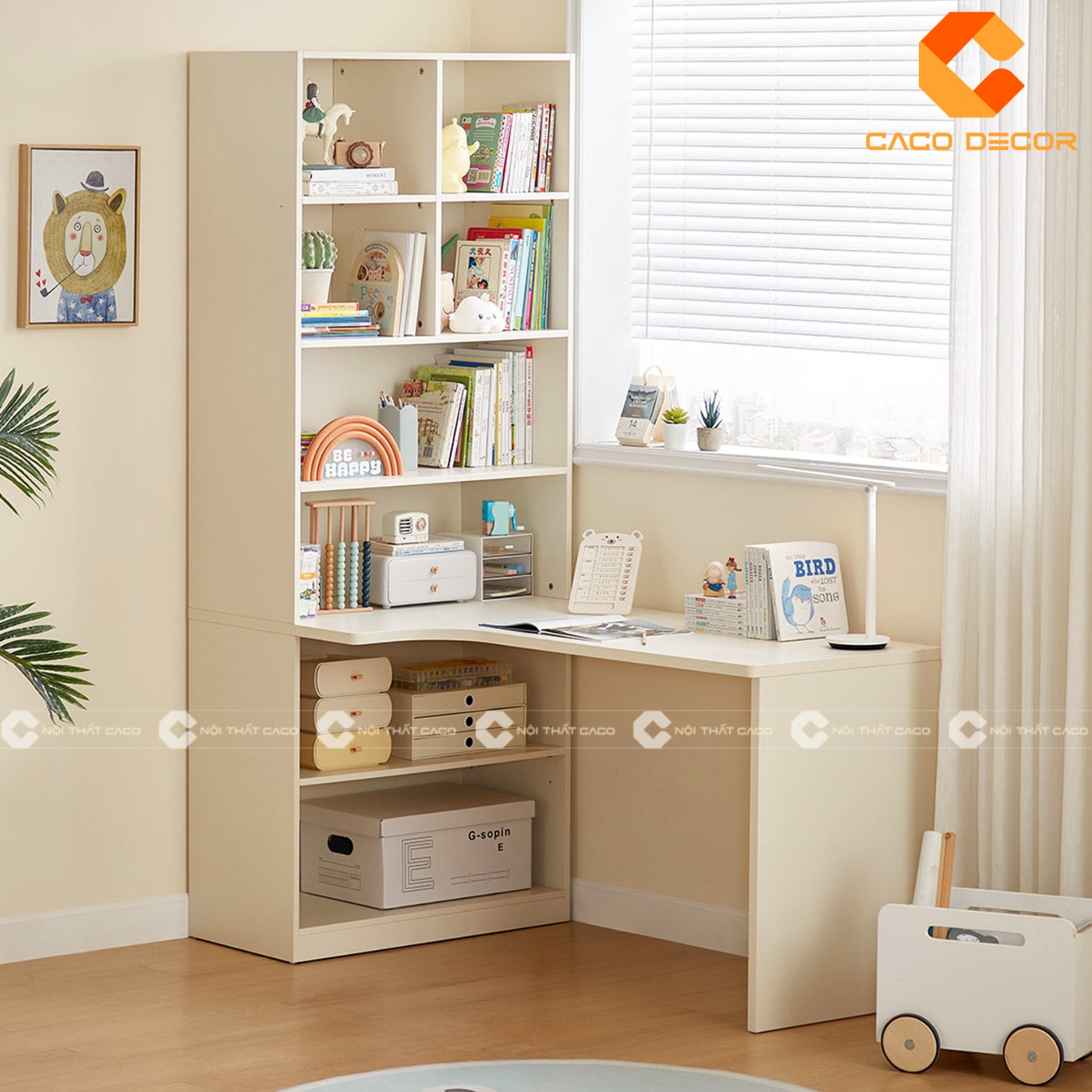 Mẫu bàn học gỗ công nghiệp kết hợp kệ sách 