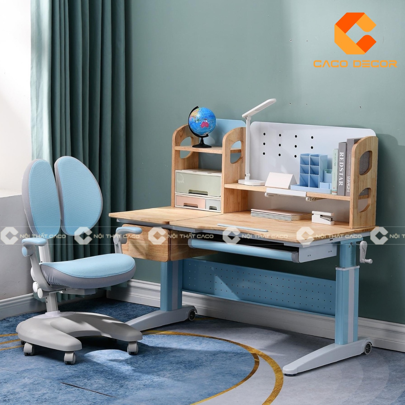 Bàn học sinh gỗ nâng hạ chống gù lưng màu xanh dương