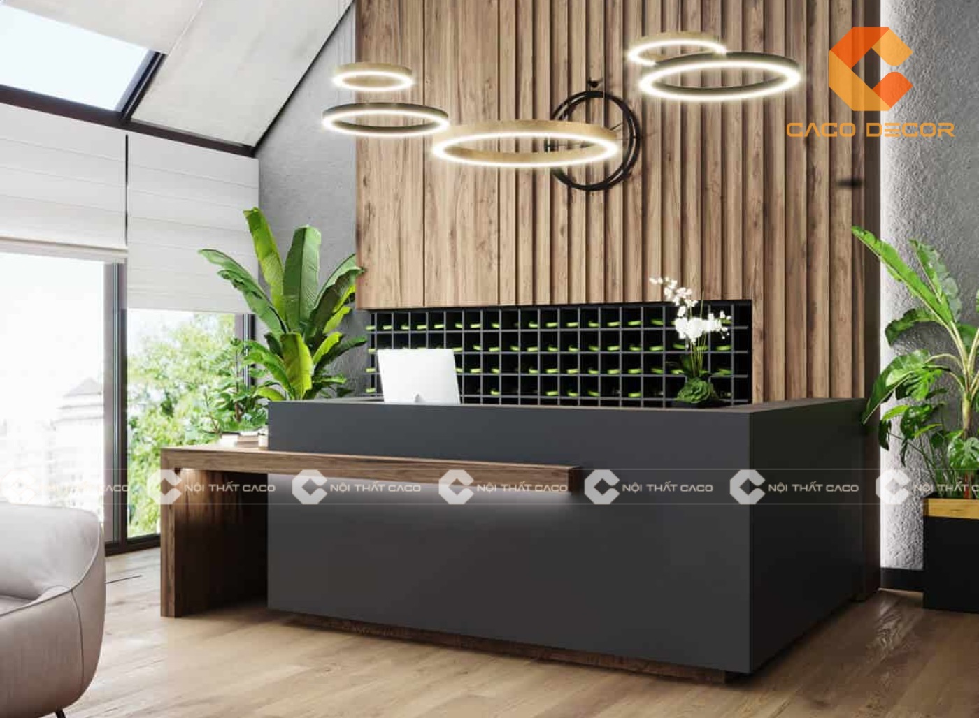 Thiết kế quầy lễ tân kết hợp cây xanh tăng vượn khí cho văn phòng 