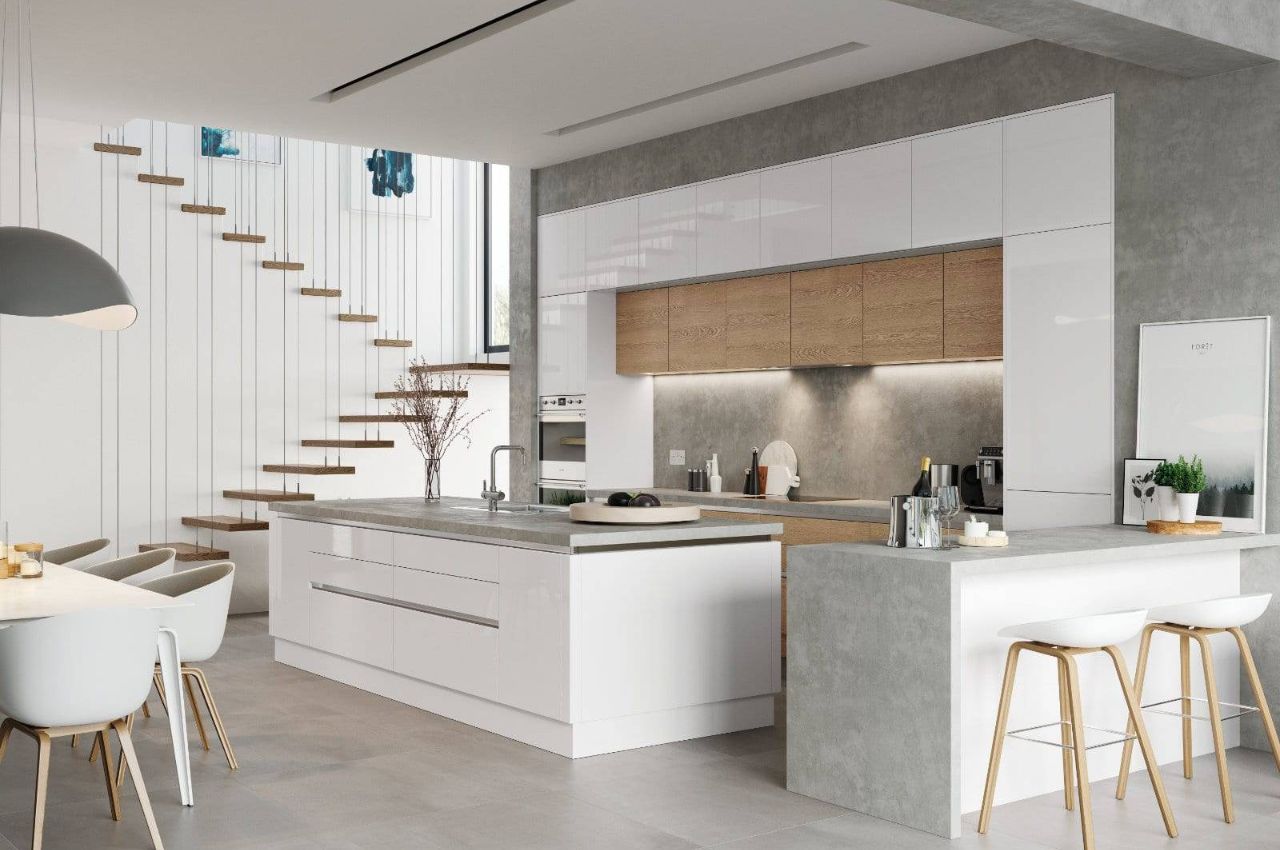 Thiết kế phòng khách liền bếp 20m2 có cầu thang hiện đại