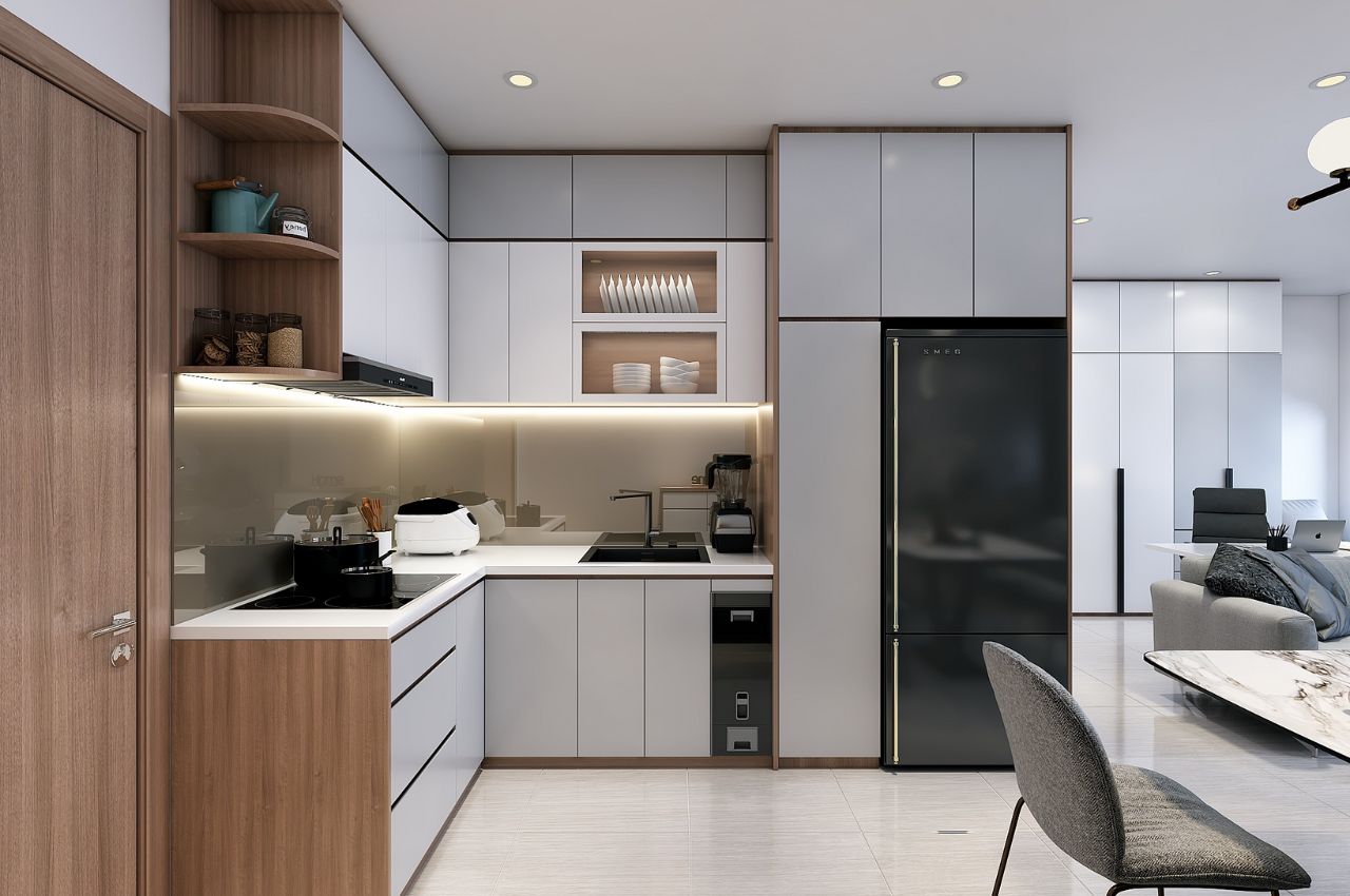 Thiết kế bếp tone trắng xám tối giản tiện dụng