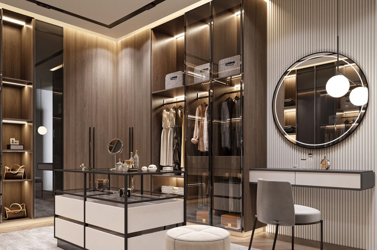 Tủ quần áo gỗ công nghiệp cánh kính kết hợp với bàn trang điểm