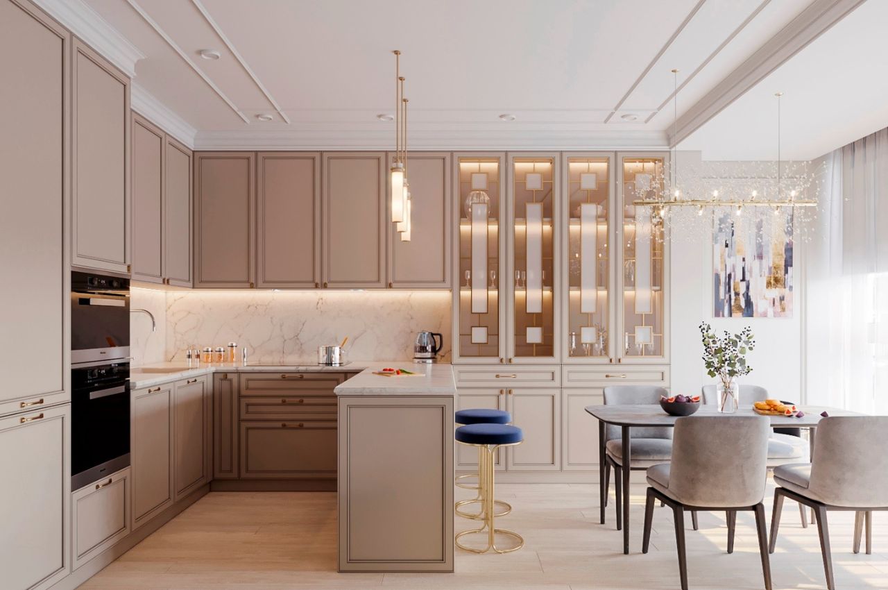 Thiết kế phòng khách liền bếp 20m2 có quầy bar