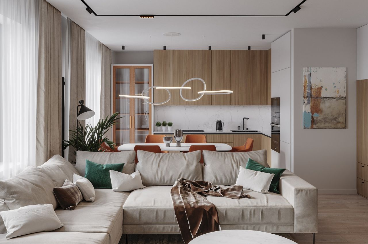 Mẫu phòng khách liền bếp 20m2 tinh tế, thanh lịch