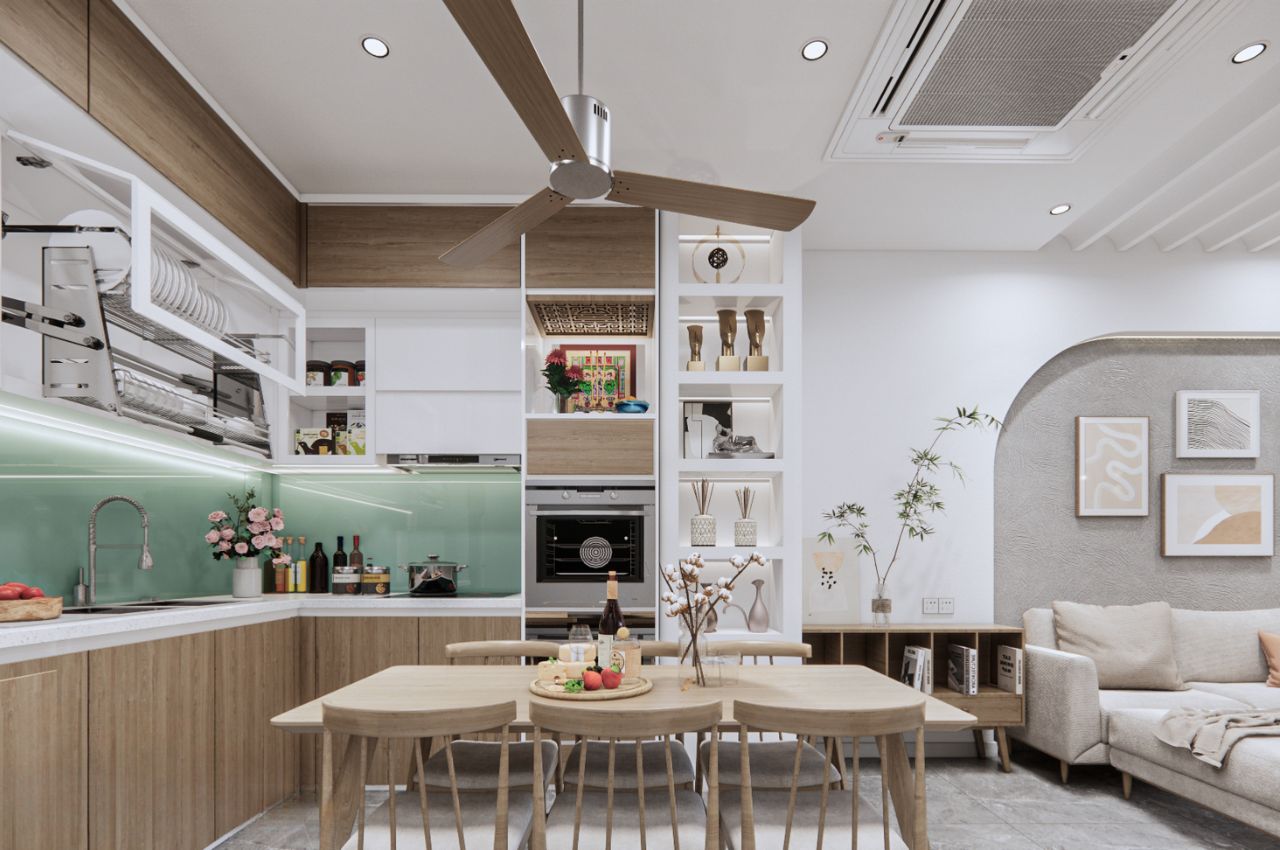 Thiết kế phòng khách liền bếp 20m2 có bàn ăn đa năng