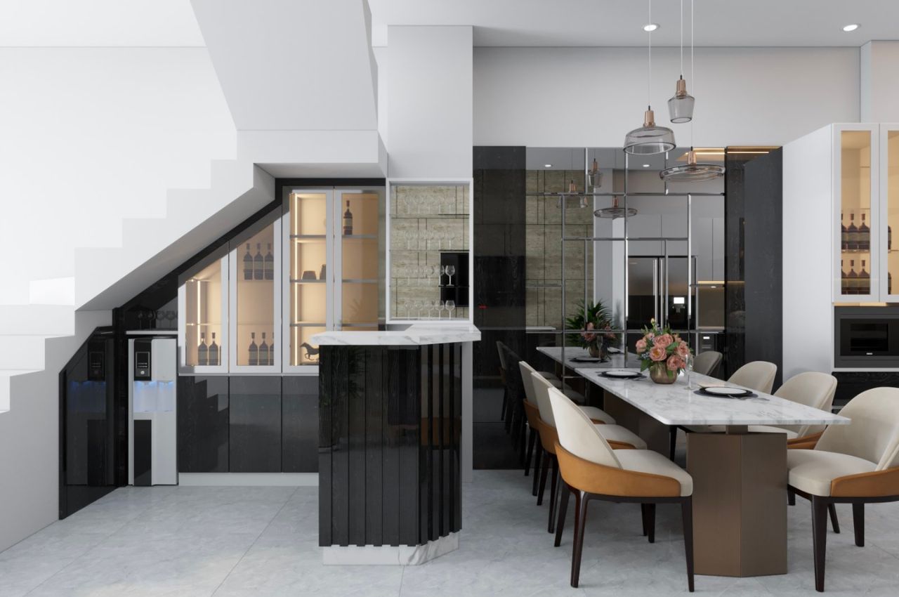 Phong cách hiện đại trong thiết kế nội thất bếp gần dưới gầm cầu thang tone xám đen