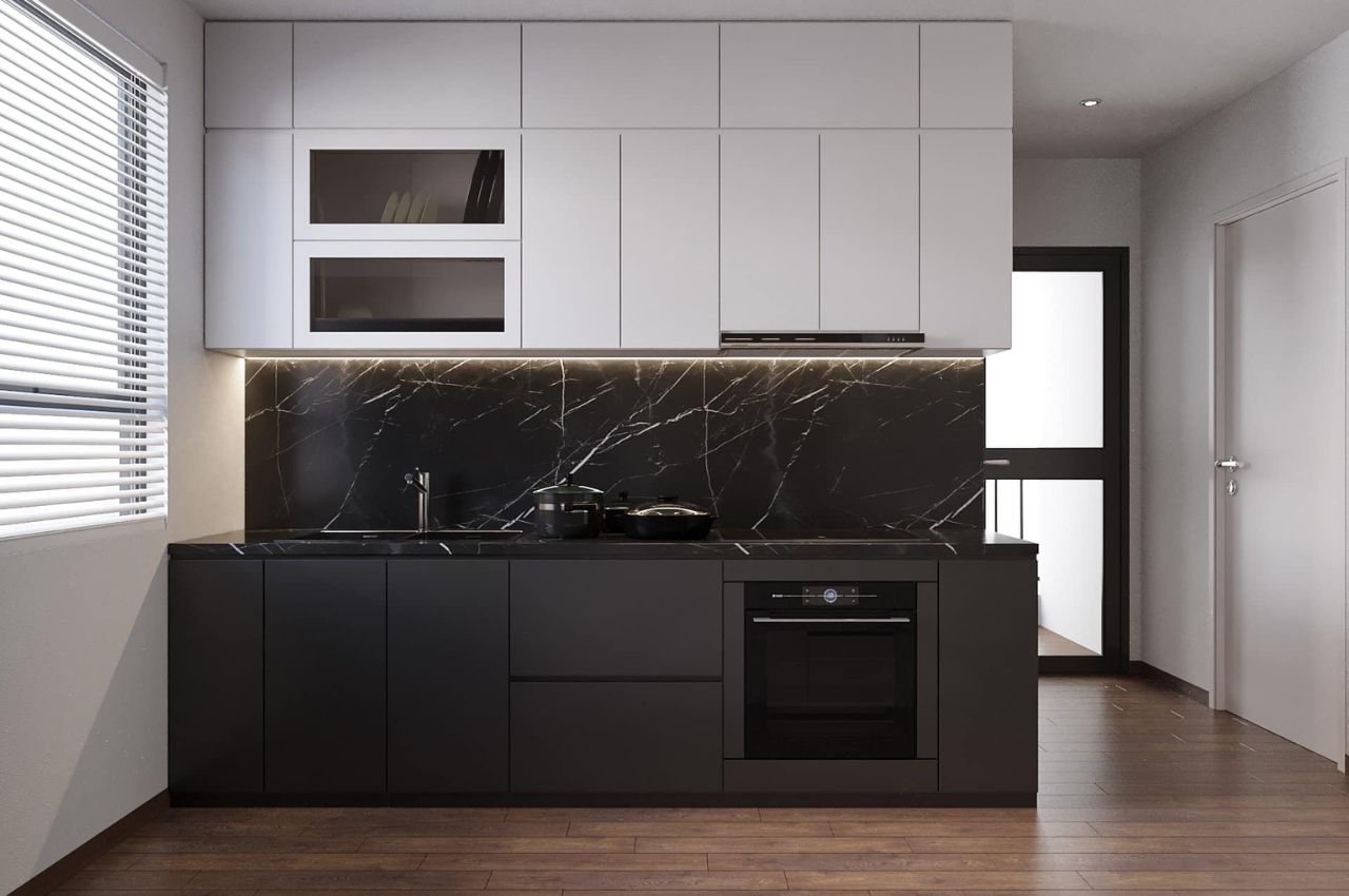 Phòng khách thiết kế liền bếp với nội thất gỗ công nghiệp