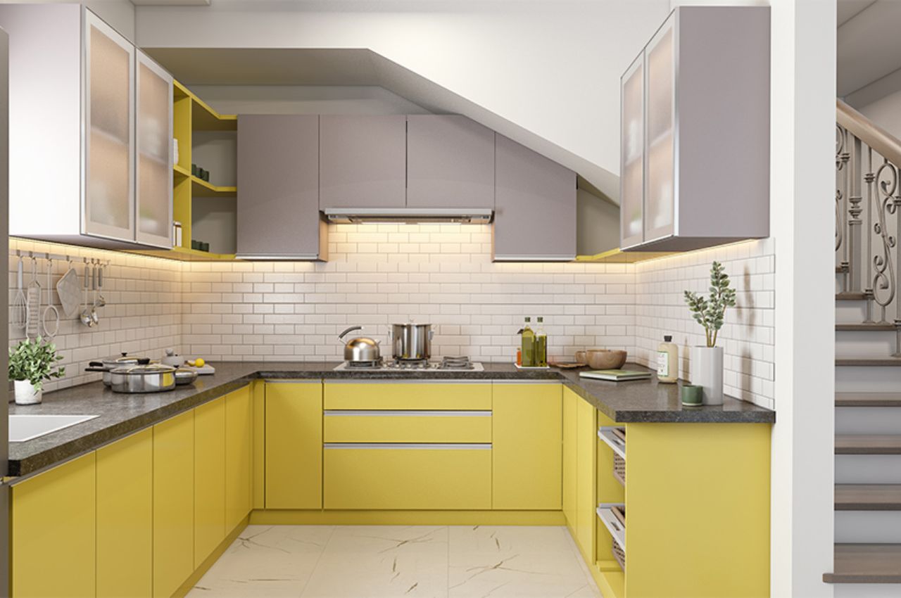 Phong cách tân cổ điển trong thiết kế nội thất bếp gần dưới gầm cầu thang phối màu ấn tượng