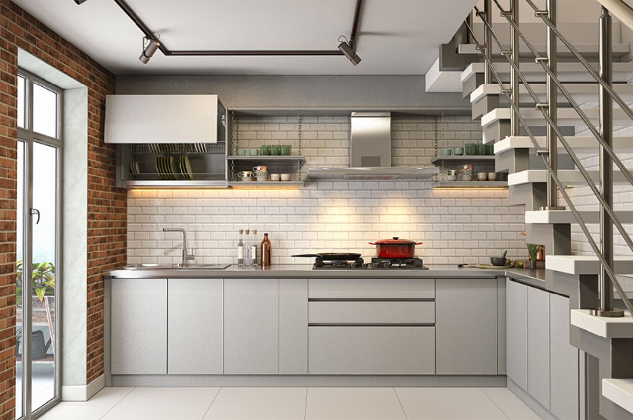 Thiết kế bếp dưới cầu thang với nội thất bằng gỗ công nghiệp tone xám hiện đại