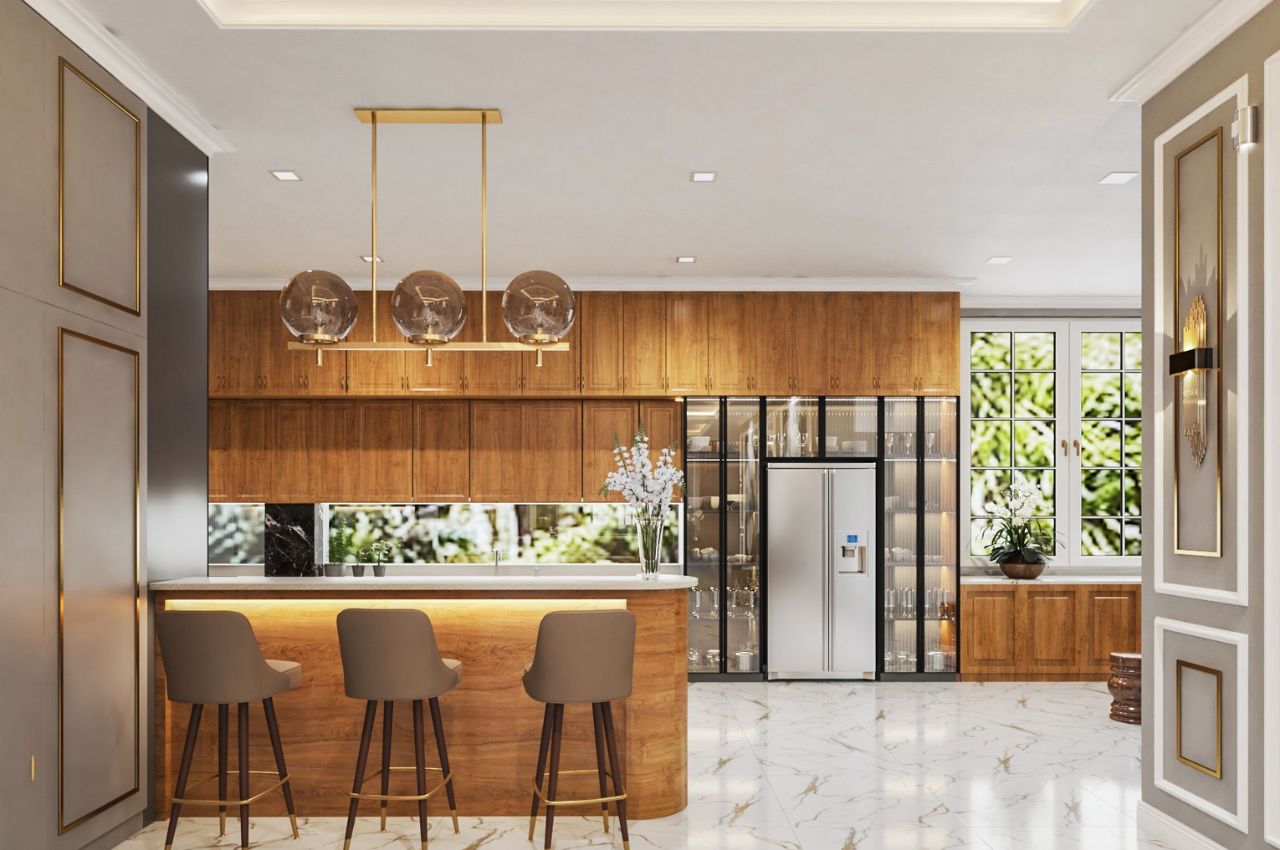 Thiết kế nội thất phòng bếp nhà ống 5m - gỗ tự nhiên