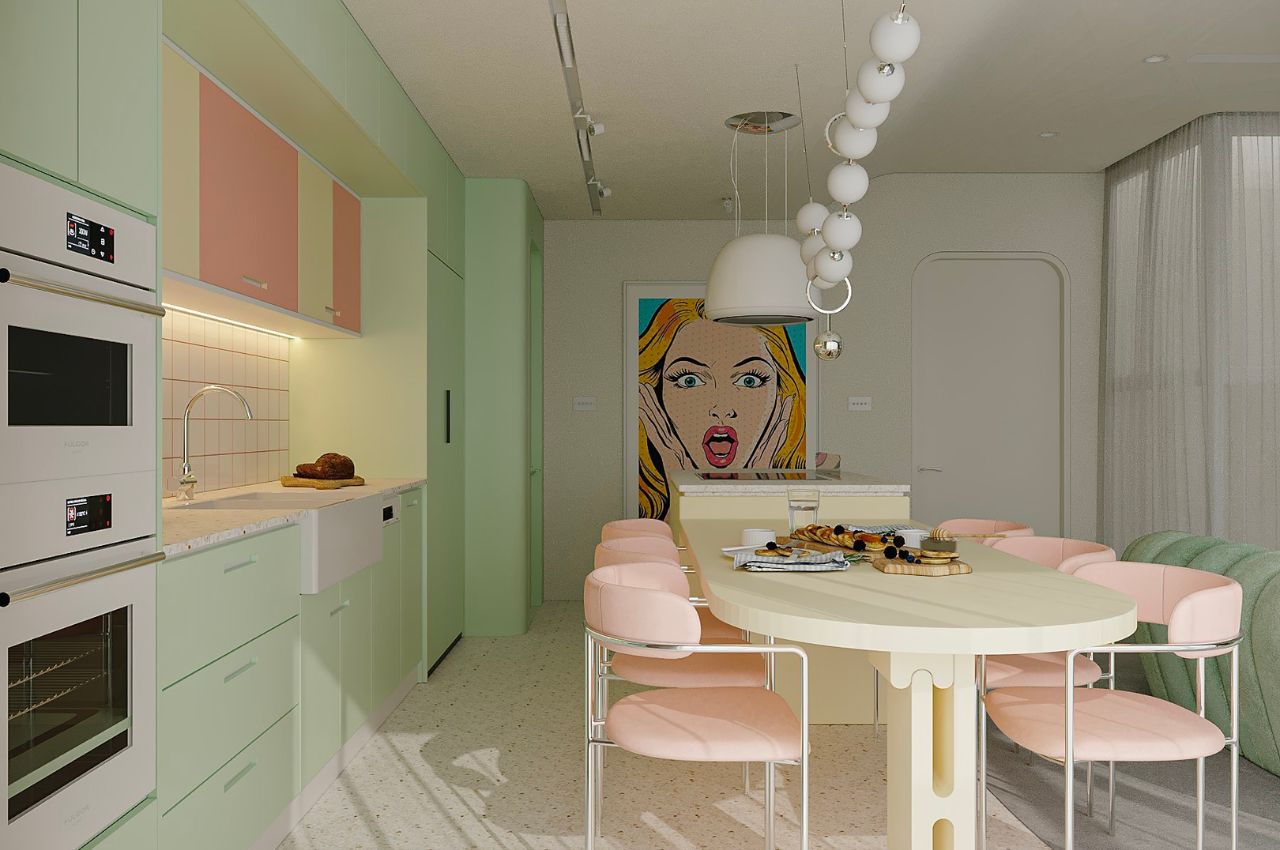 Thiết kế nội thất phòng bếp nhà ống 5m - phong cách hiện đại tone pastel