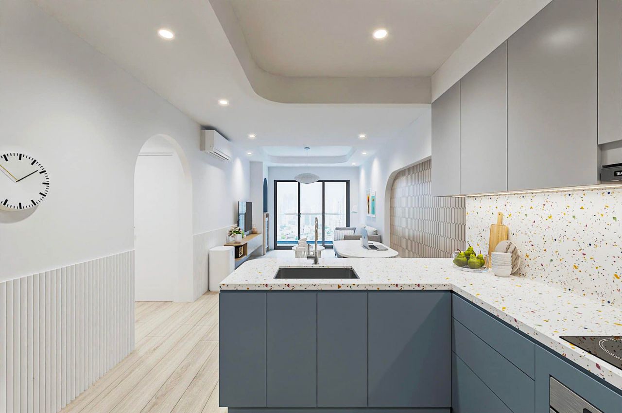 Thiết kế nội thất phòng bếp nhà ống 5m - tủ bếp MDF tone xanh