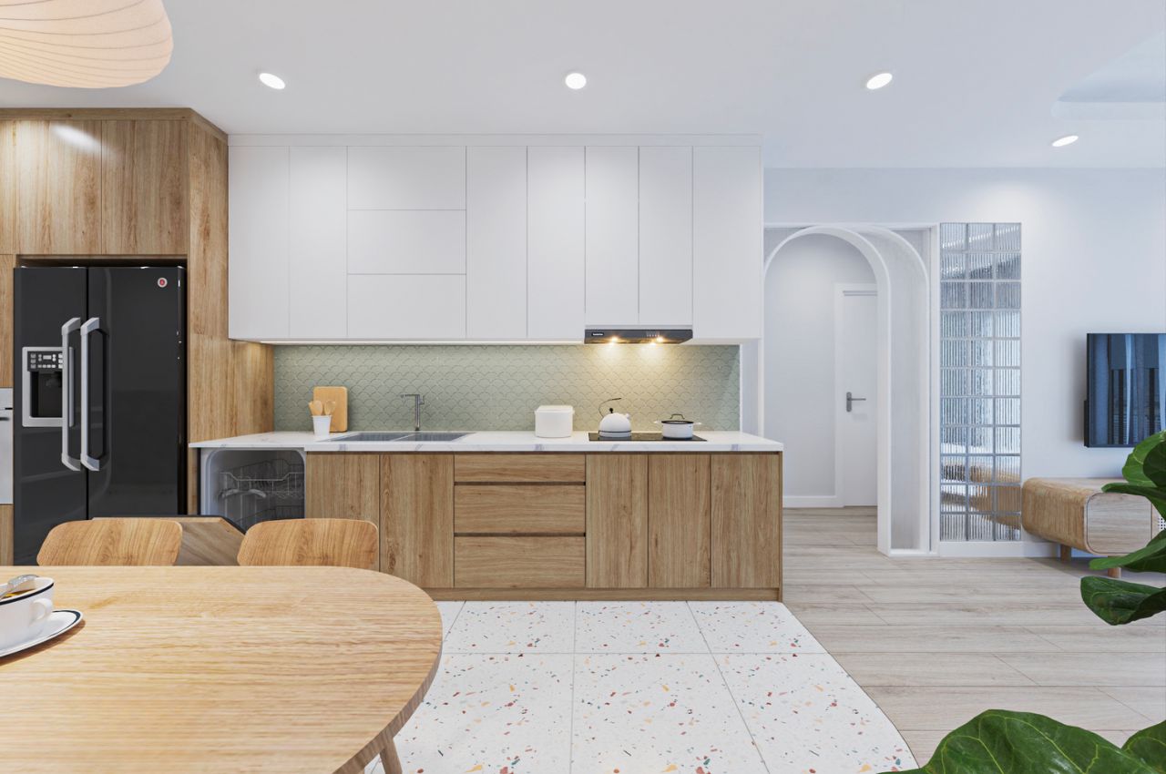 Thiết kế nội thất phòng bếp nhà ống 5m - tủ bếp MDF