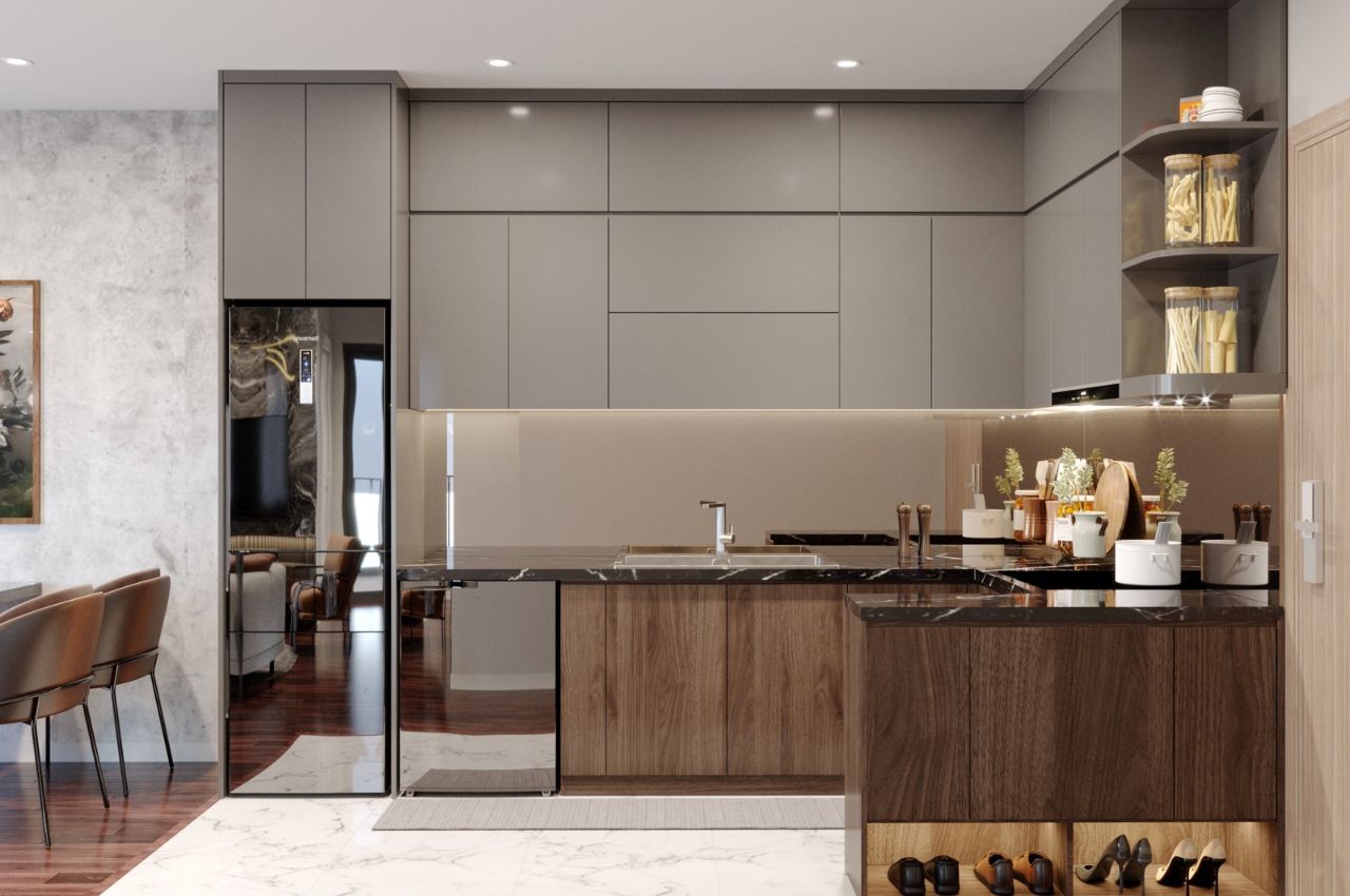 Thiết kế nội thất phòng bếp nhà ống 5m - tủ bếp acrylic sáng bóng