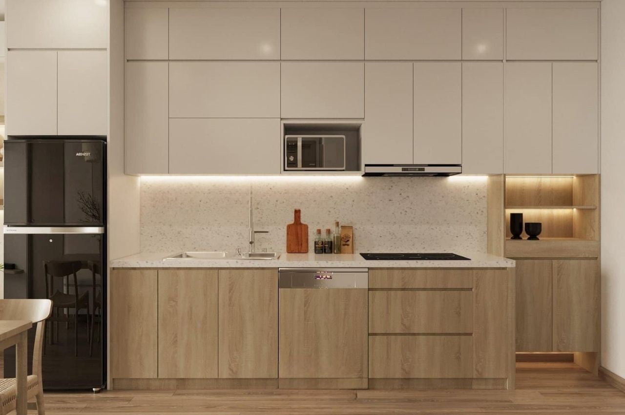 Thiết kế nội thất phòng bếp nhà ống 5m - tủ bếp acrylic trắng thanh lịch