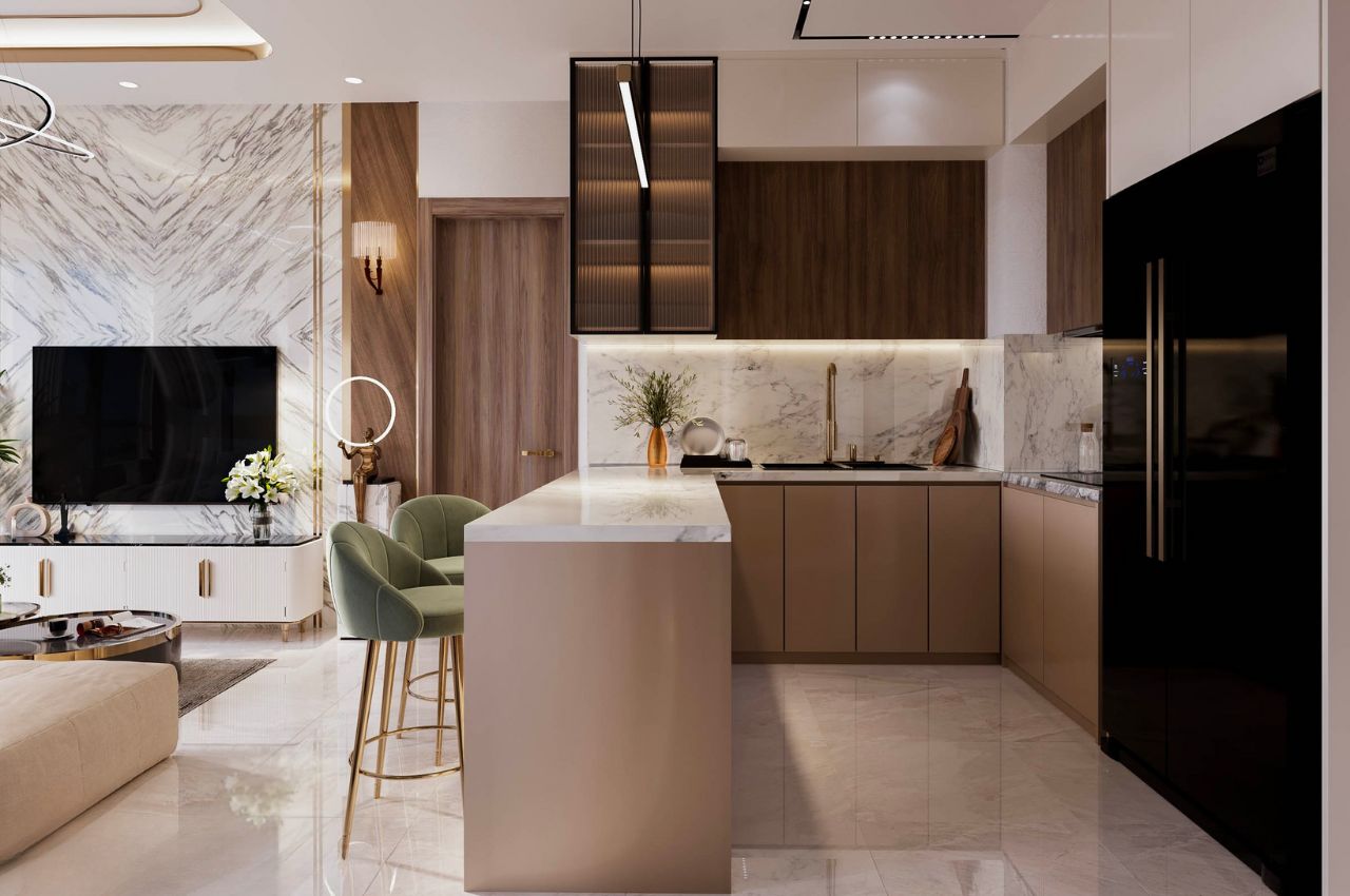 Thiết kế phòng khách liền bếp chữ U rộng rãi